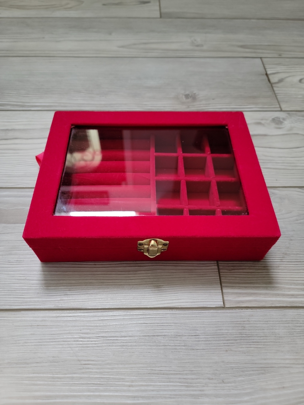 Red Velvet Jewelry Organizer Box with Glass Lid and Gold Latch